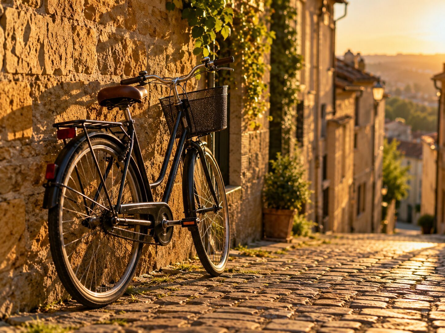 Vélo appuyé contre un mur de pierres dorées dans une ruelle